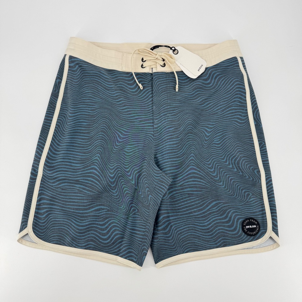 Prana Vintage Boardshort Stormy Night Wave Blue Wavy Swim Trunks Men 30 8 Inseam